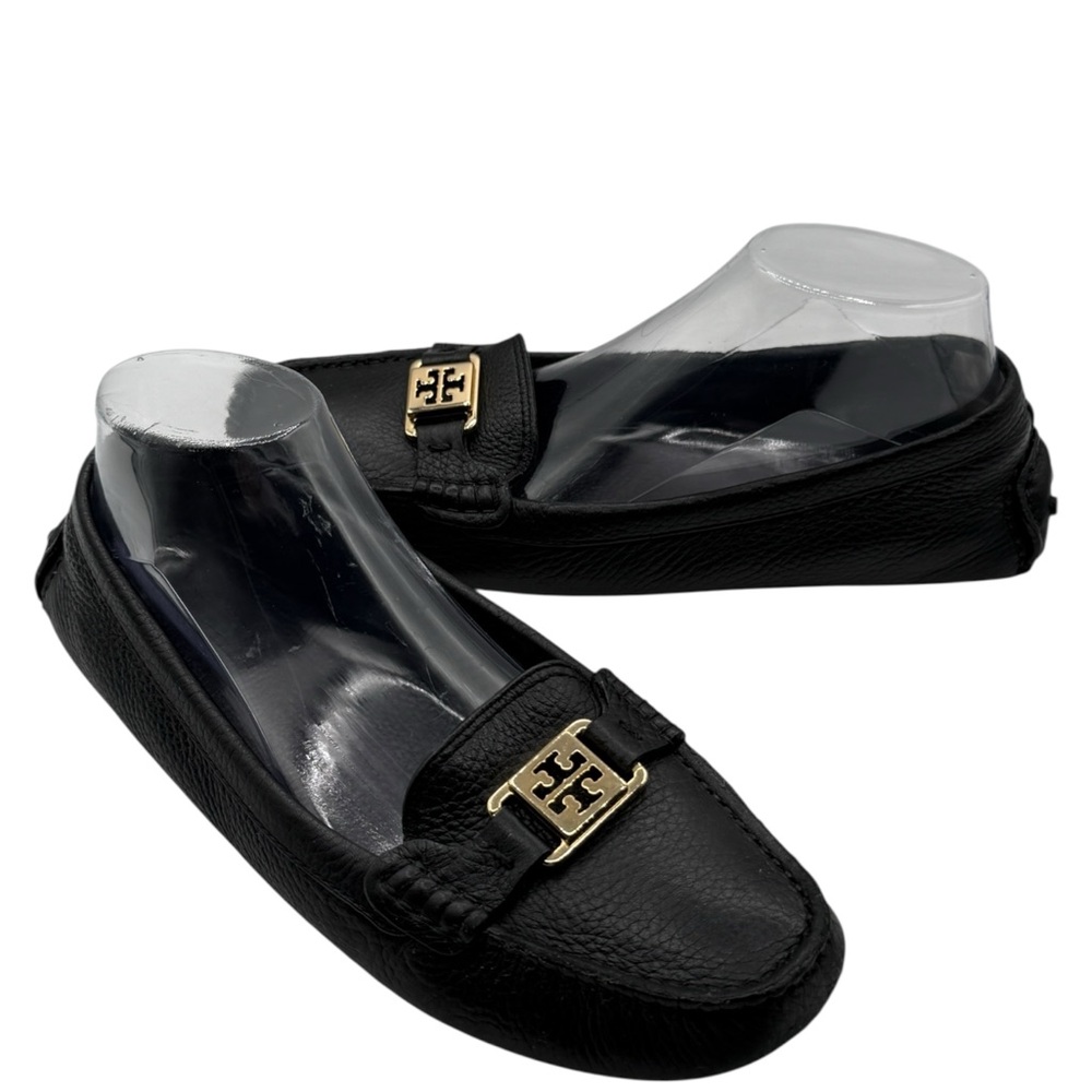 Tory Burch Black Leather Loafers with Gold Emblem